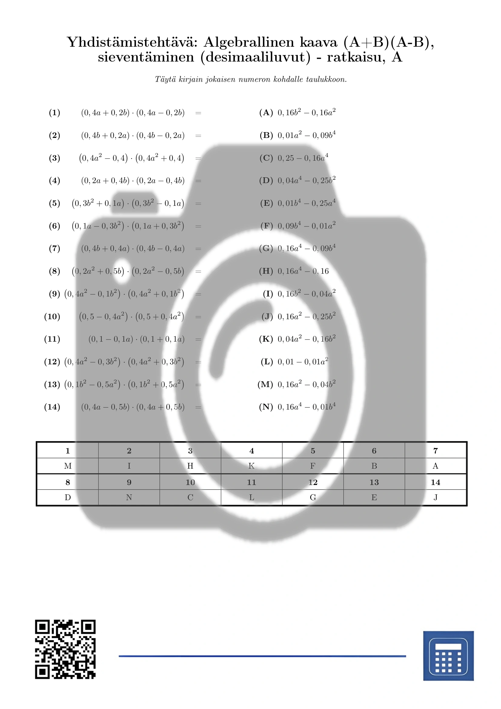 Yhdistämistehtävä: Algebrallinen kaava (A+B)(A-B), sieventäminen (desimaaliluvut) - Image 3