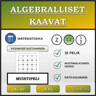 Muistipeli: Algebralliset kaavat, sieventäminen (desimaaliluvut)