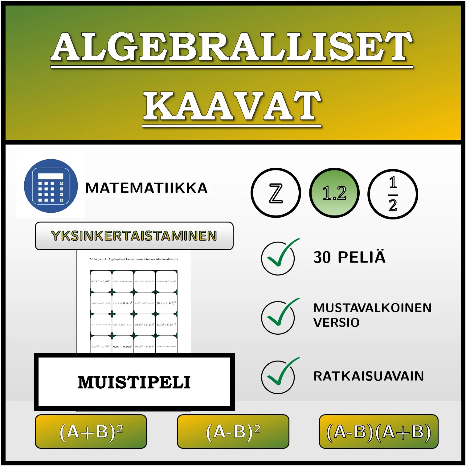 Muistipeli: Algebralliset kaavat, sieventäminen (desimaaliluvut)