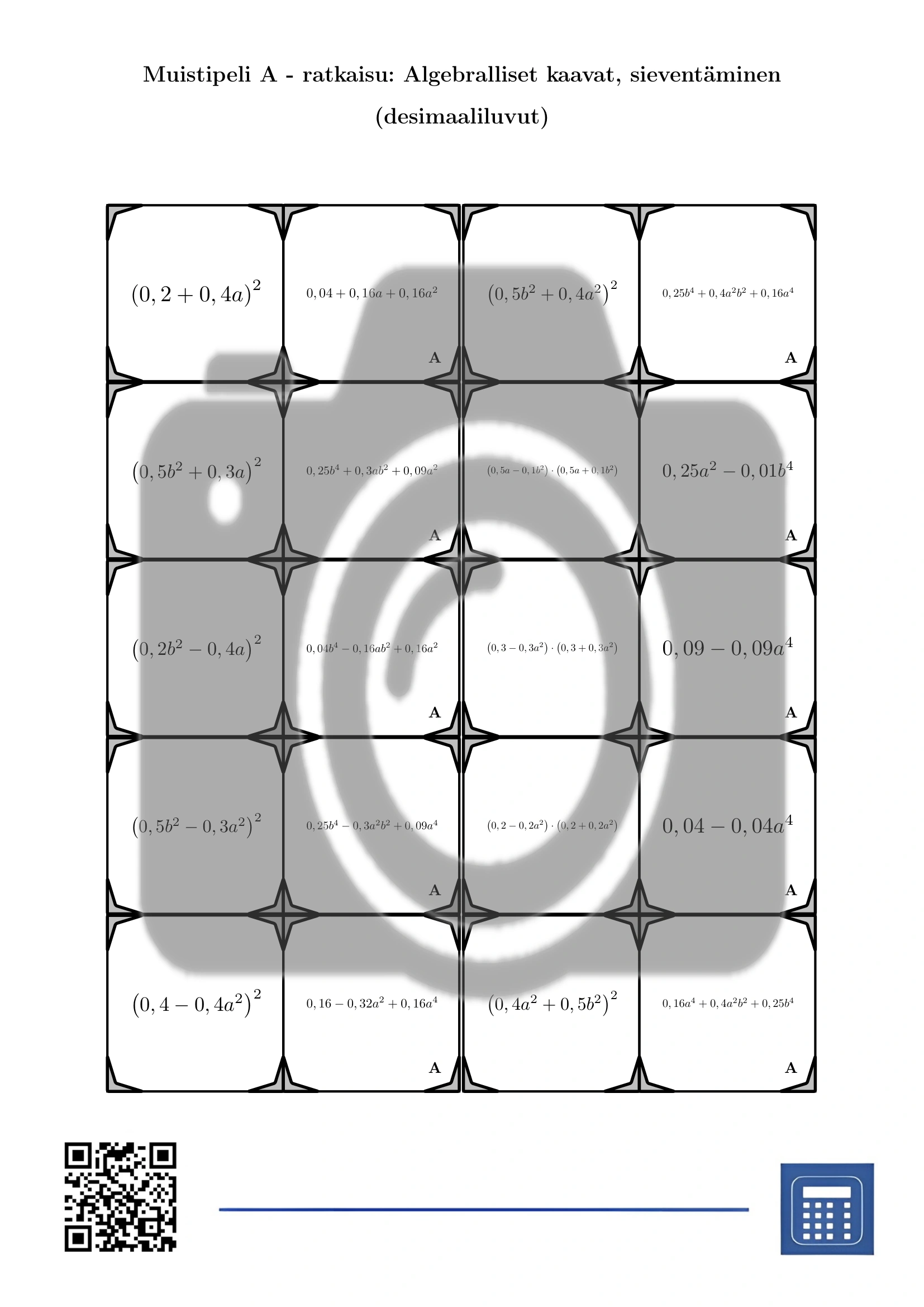 Muistipeli: Algebralliset kaavat, sieventäminen (desimaaliluvut) - Image 4