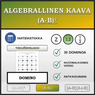 Domino: Algebrallinen kaava (A-B)², tekijöihin jakaminen (desimaaliluvut)