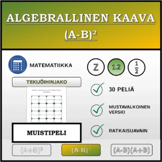 Muistipeli: Algebrallinen kaava (A-B)², tekijöihin jakaminen (desimaaliluvut)