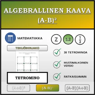Tetromino: Algebrallinen kaava (A-B)², tekijöihin jakaminen (desimaaliluvut)