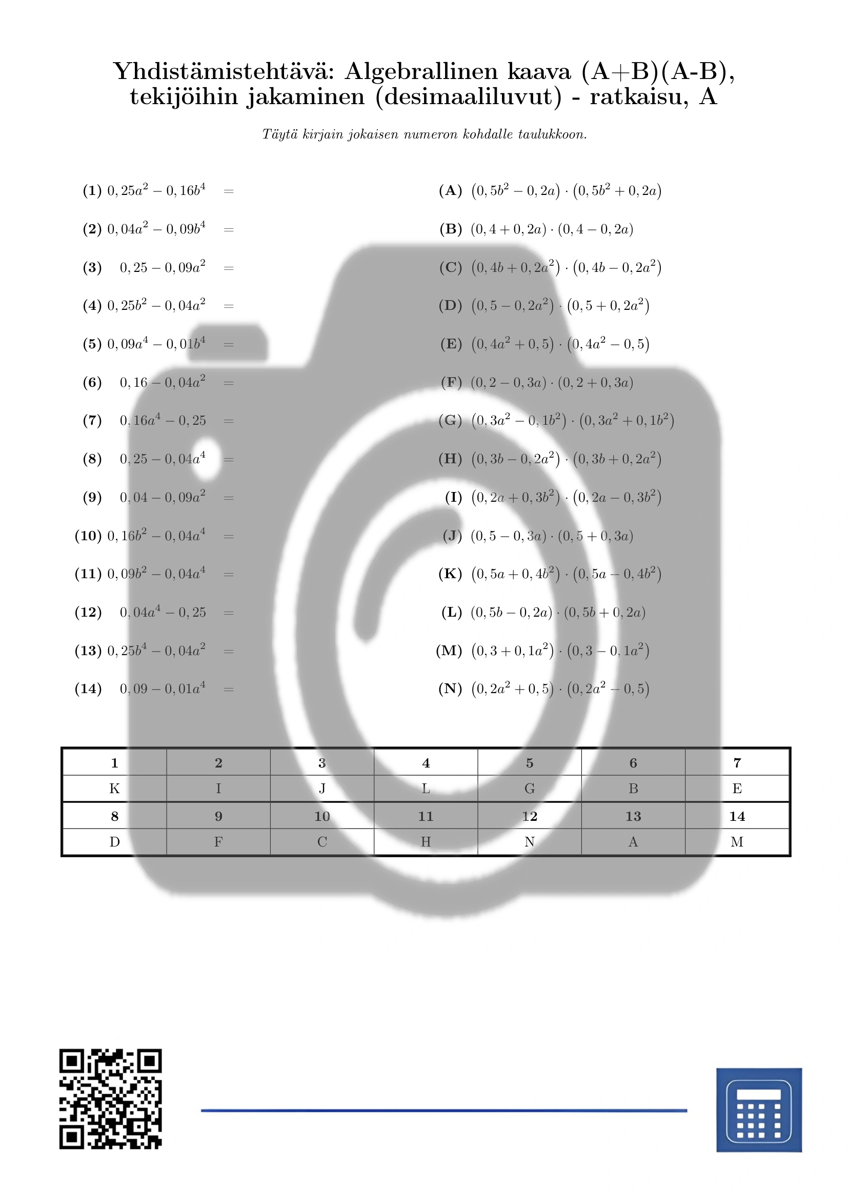 Yhdistämistehtävä: Algebrallinen kaava (A+B)(A-B), tekijöihin jakaminen (desimaaliluvut) - Image 3