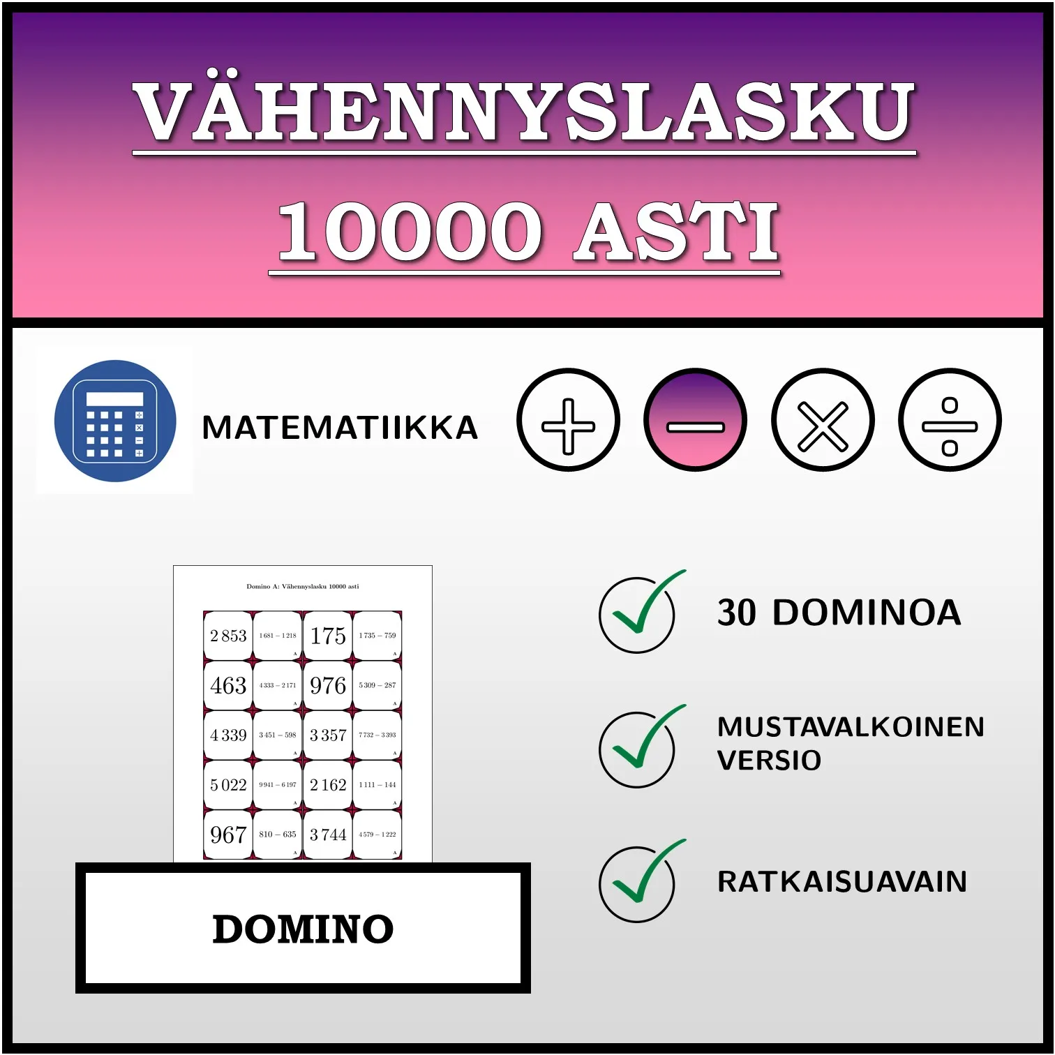 Domino: Vähennyslasku 10000 asti