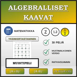 Muistipeli: Algebralliset kaavat, sieventäminen (murtoluvut)