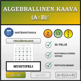 Muistipeli: Algebrallinen kaava (A+B)², tekijöihin jakaminen (murtoluvut)
