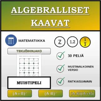 Muistipeli: Algebralliset kaavat, tekijöihin jakaminen (murtoluvut)