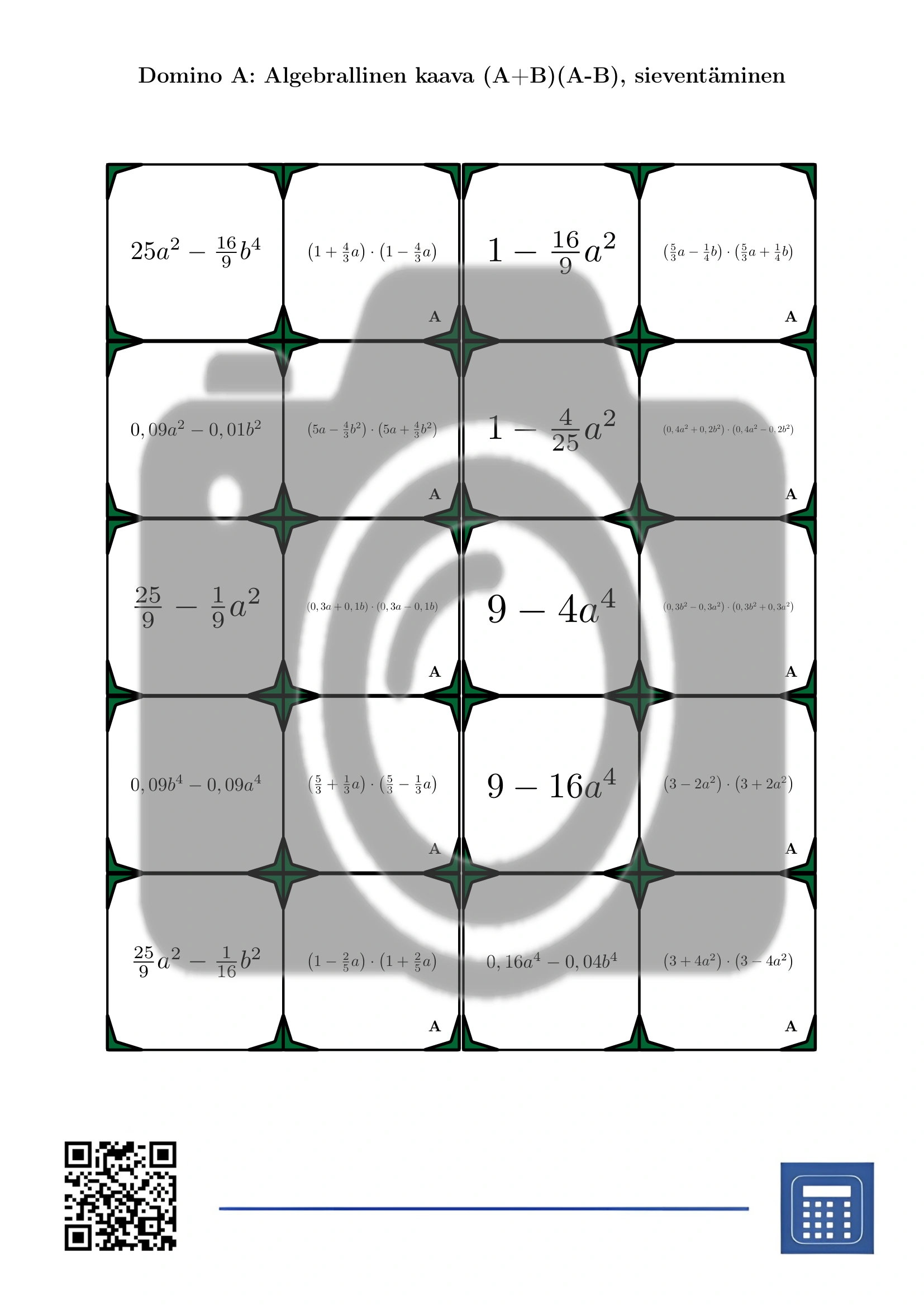 Domino: Algebrallinen kaava (A+B)(A-B), sieventäminen - Image 2