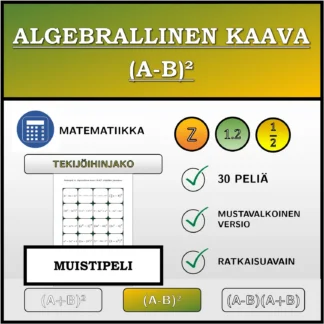 Muistipeli: Algebrallinen kaava (A-B)², tekijöihin jakaminen