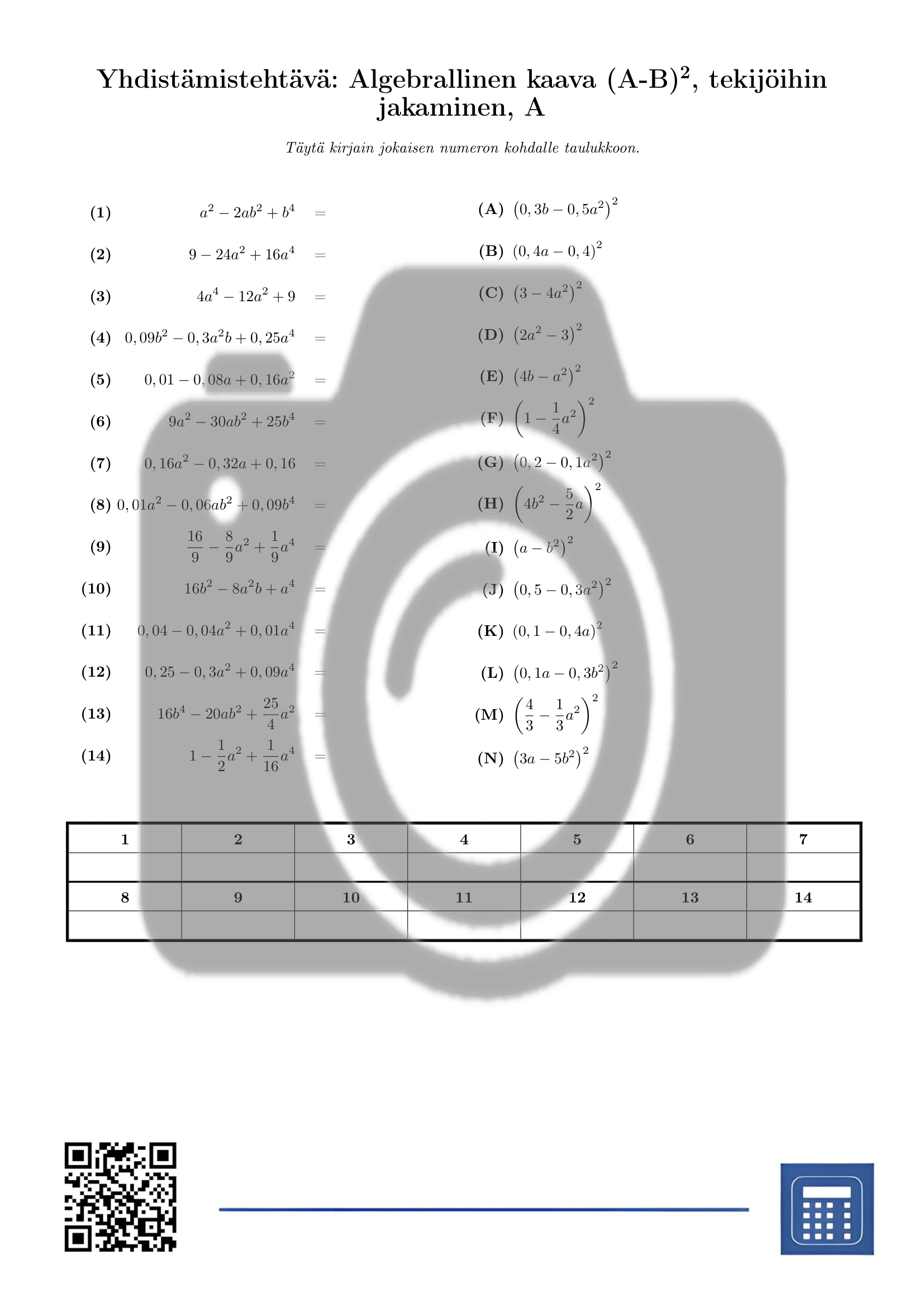 Yhdistämistehtävä: Algebrallinen kaava (A-B)², tekijöihin jakaminen - Image 2