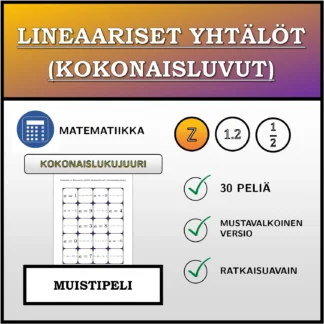 Muistipeli: Lineaariset yhtälöt (kokonaisluvut), kokonaislukuratkaisu