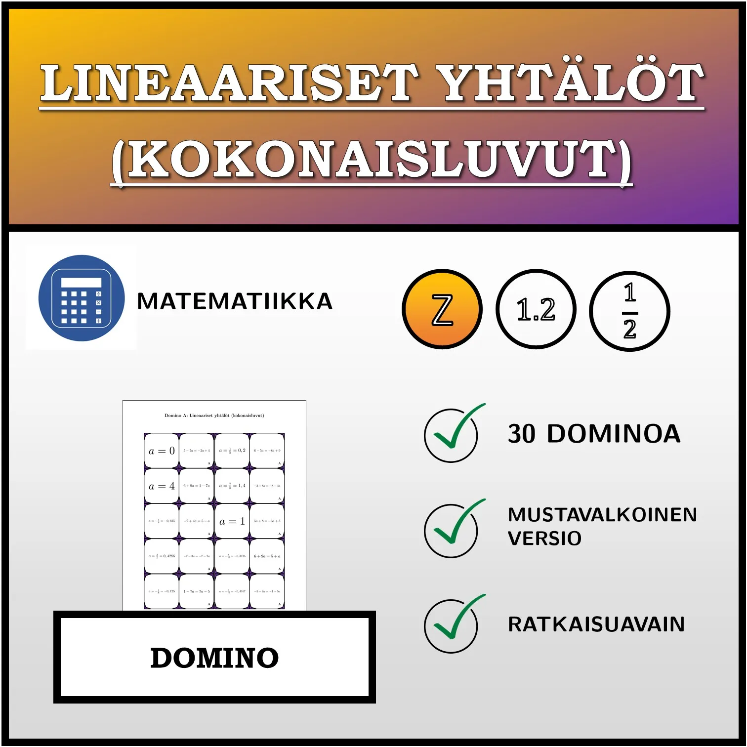 Domino: Lineaariset yhtälöt (kokonaisluvut)