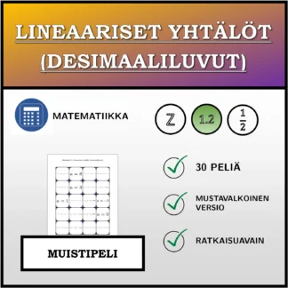 Muistipeli: Lineaariset yhtälöt (desimaaliluvut)