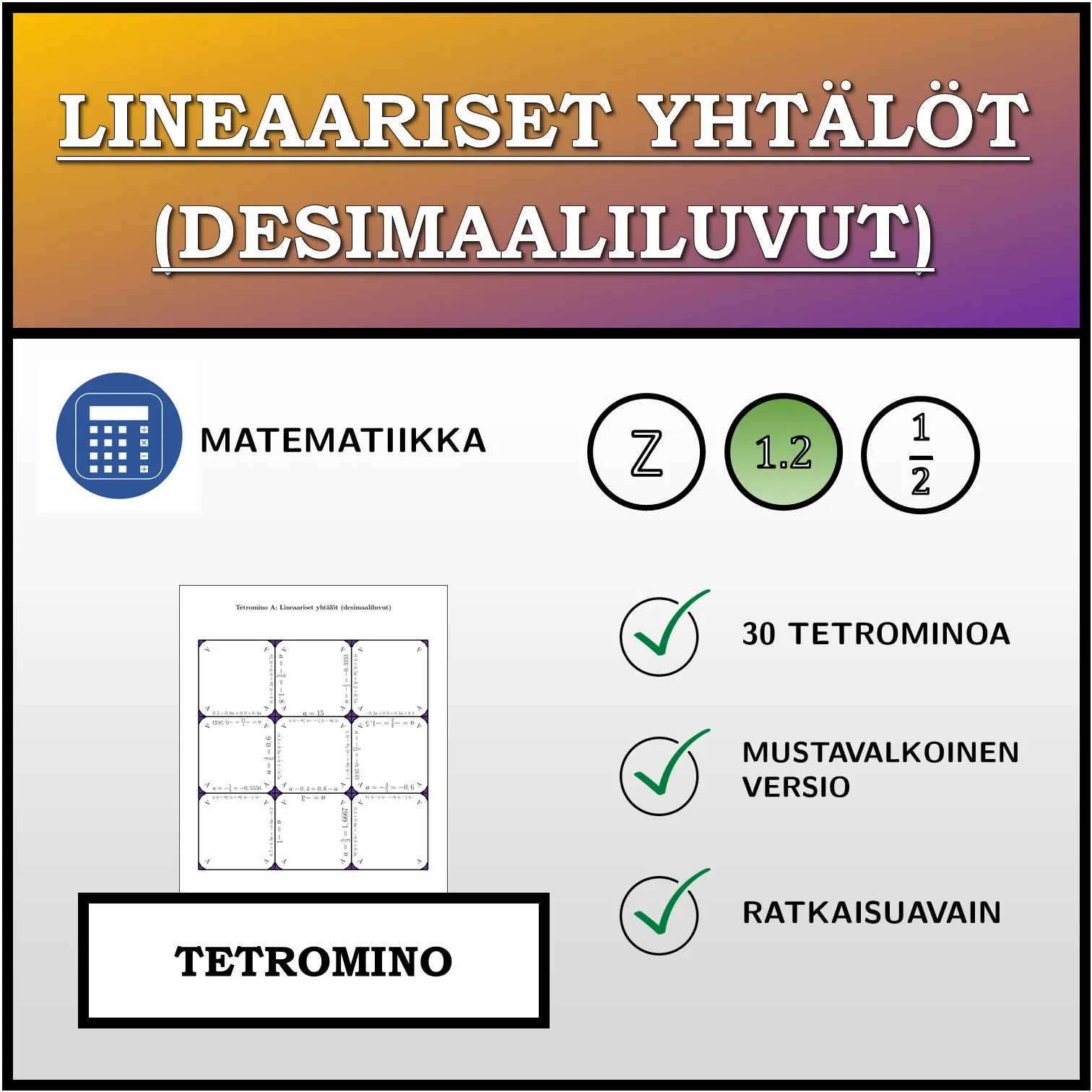 Tetromino: Lineaariset yhtälöt (desimaaliluvut)