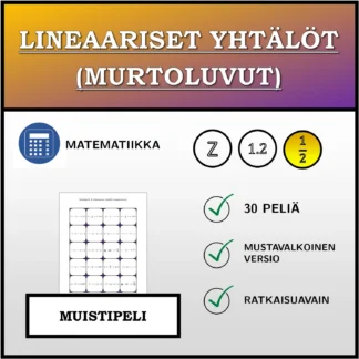 Muistipeli: Lineaariset yhtälöt (murtoluvut)