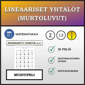 Muistipeli: Lineaariset yhtälöt (murtoluvut), ekvivalentti muunnos (kertolasku, jakolasku)