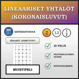 Muistipeli: Lineaariset yhtälöt (kokonaisluvut), erilaiset ratkaisutyypit