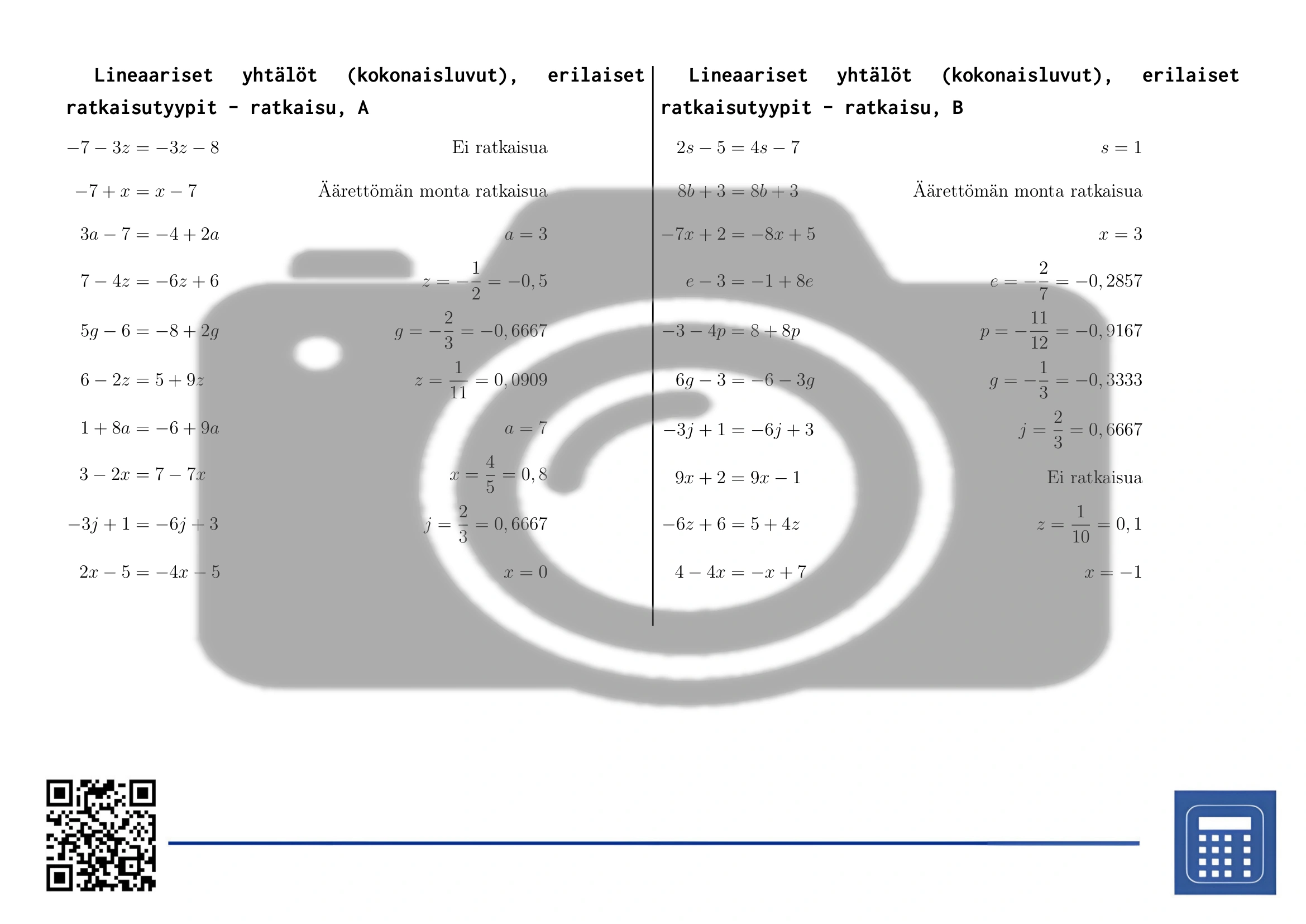 Työarkki: Lineaariset yhtälöt (kokonaisluvut), erilaiset ratkaisutyypit - Image 4