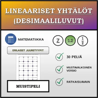 Muistipeli: Lineaariset yhtälöt (desimaaliluvut), erilaiset ratkaisutyypit
