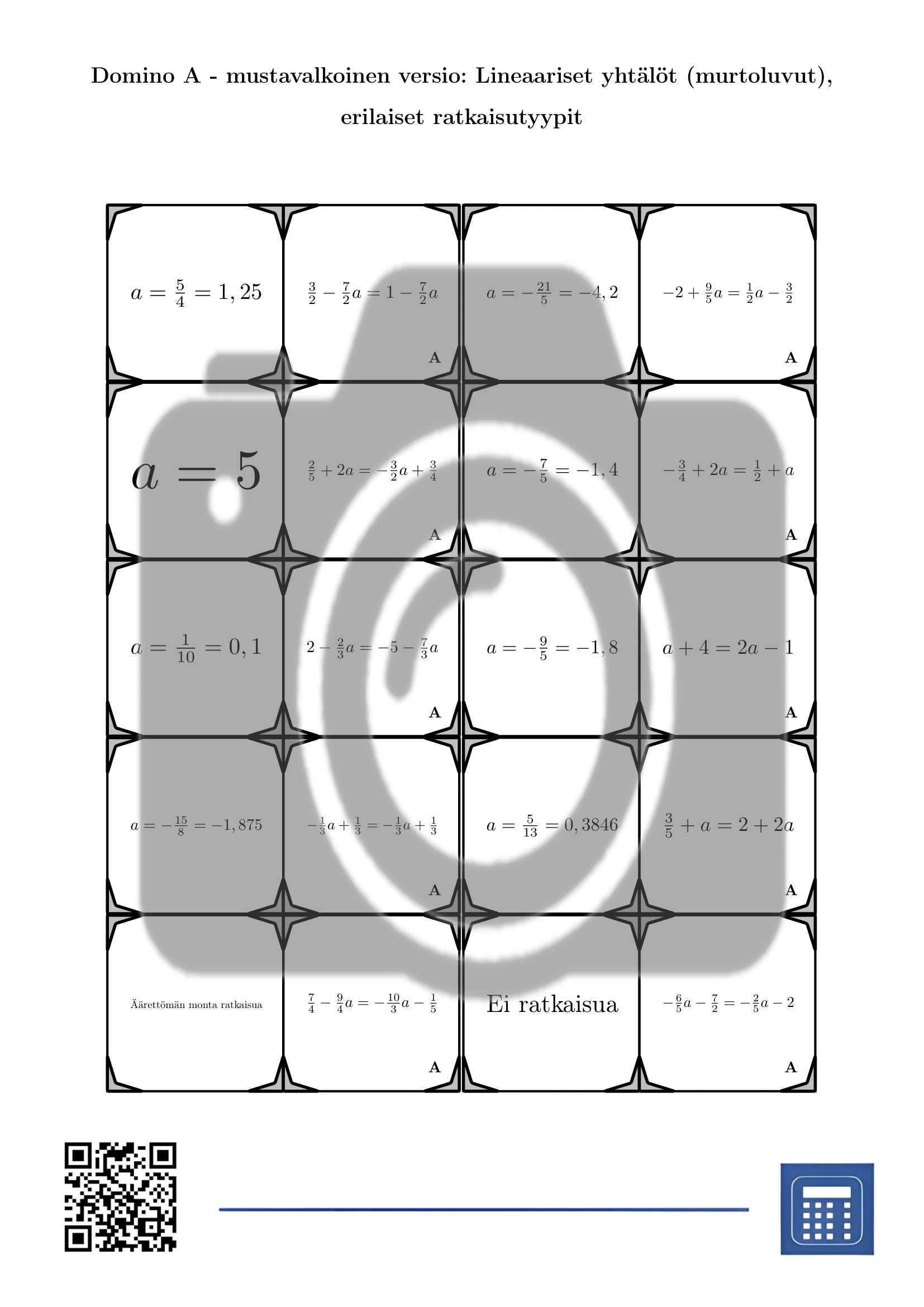 Domino: Lineaariset yhtälöt (murtoluvut), erilaiset ratkaisutyypit - Image 3