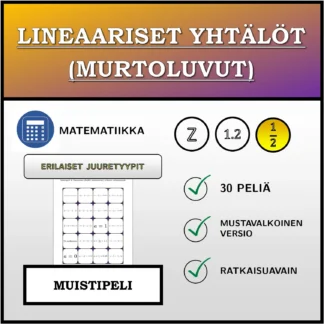 Muistipeli: Lineaariset yhtälöt (murtoluvut), erilaiset ratkaisutyypit