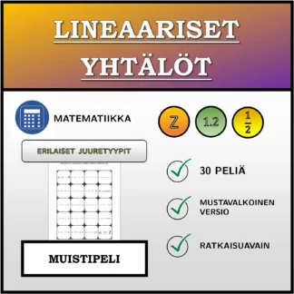 Muistipeli: Lineaariset yhtälöt, erilaiset ratkaisutyypit
