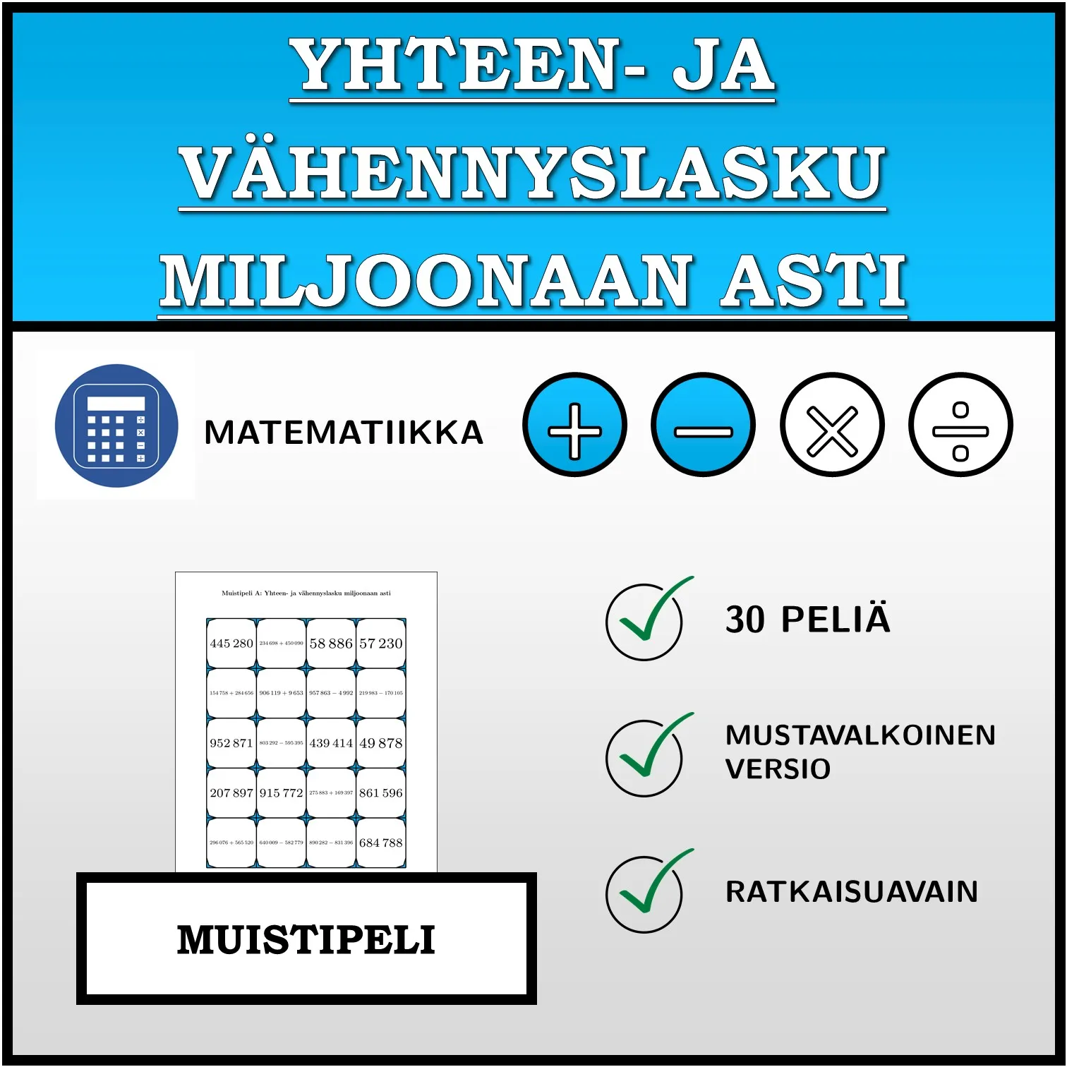 Muistipeli: Yhteen- ja vähennyslasku miljoonaan asti