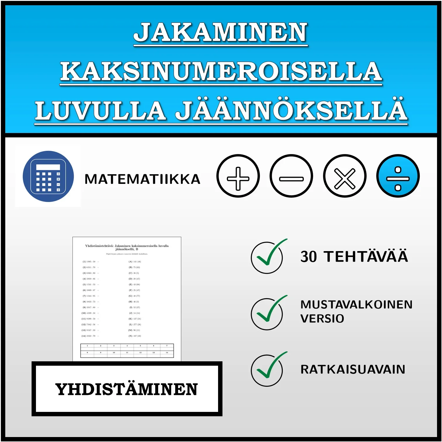 Yhdistämistehtävä: Jakaminen kaksinumeroisella luvulla jäännöksellä