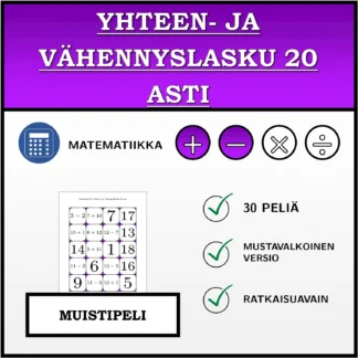 Muistipeli: Yhteen- ja vähennyslasku 20 asti