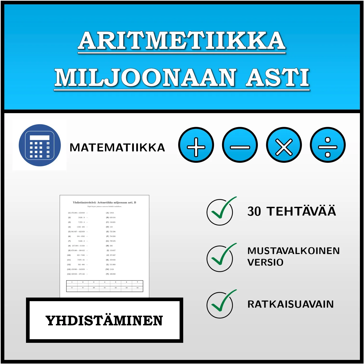 Yhdistämistehtävä: Aritmetiikka miljoonaan asti