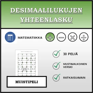 Muistipeli: Desimaalilukujen yhteenlasku