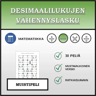 Muistipeli: Desimaalilukujen vähennyslasku