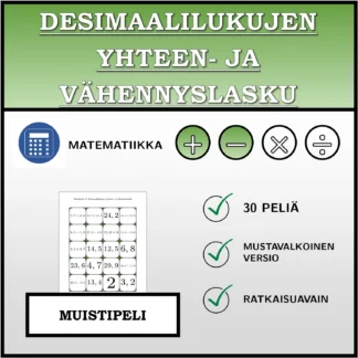 Muistipeli: Desimaalilukujen yhteen- ja vähennyslasku