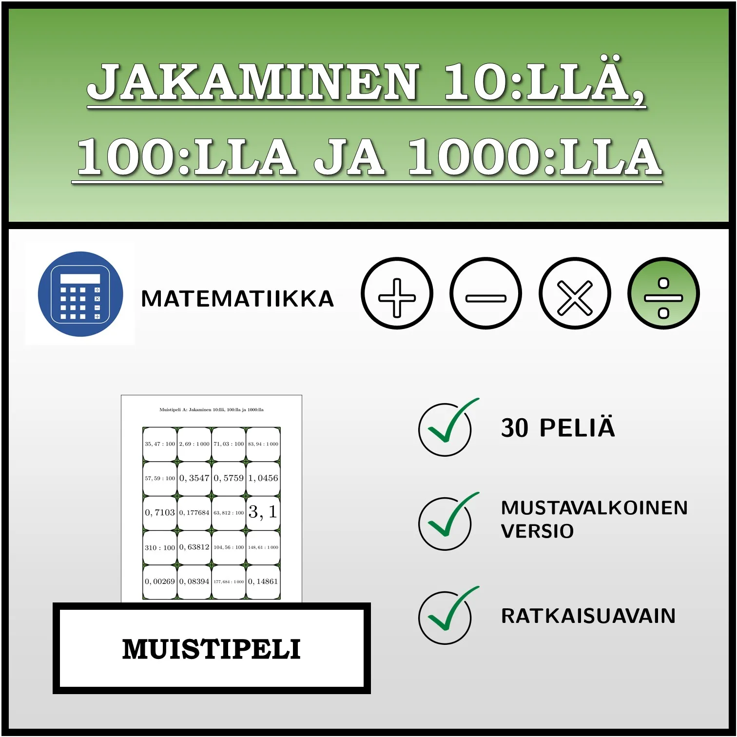 Muistipeli: Jakaminen 10:llä, 100:lla ja 1000:lla