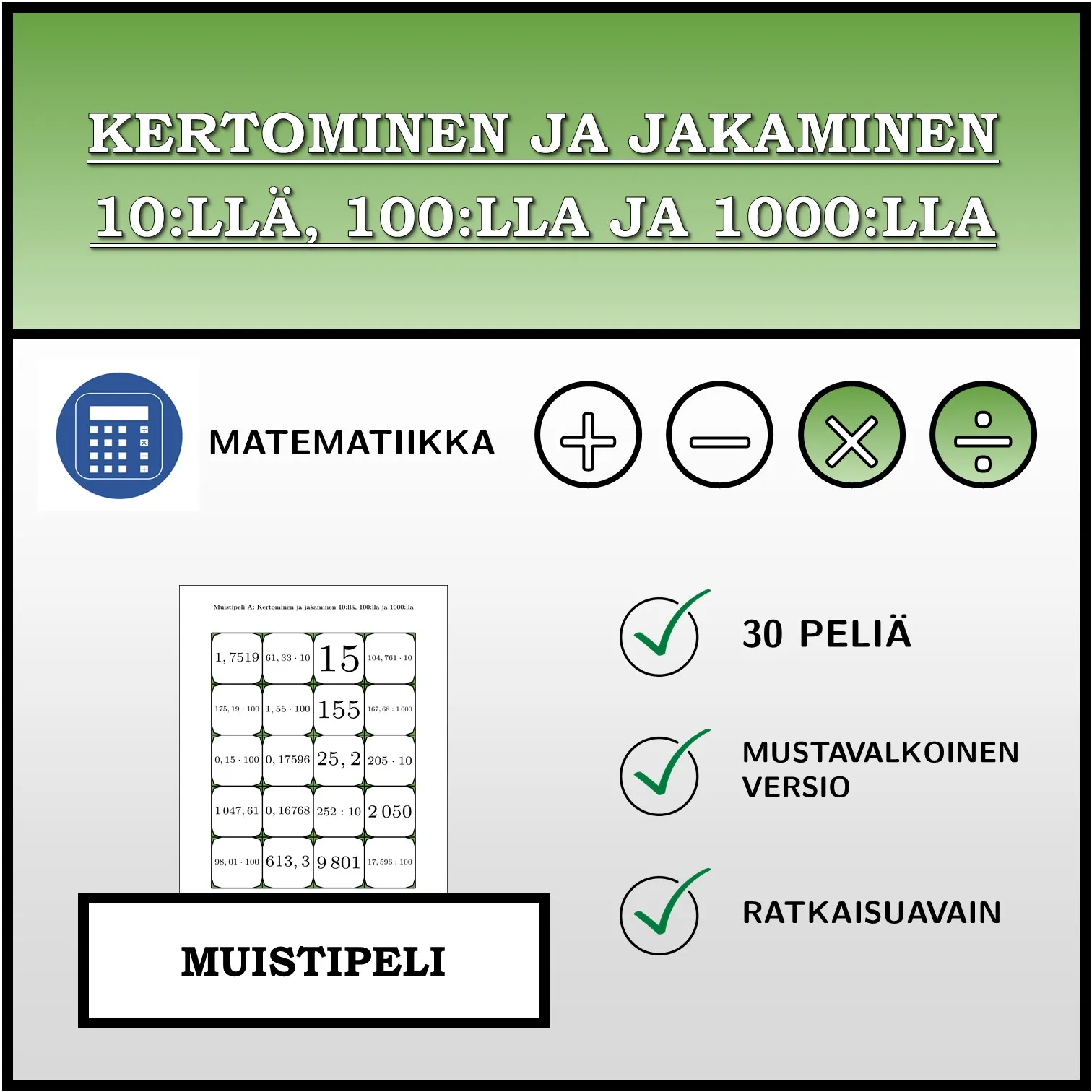 Muistipeli: Kertominen ja jakaminen 10:llä, 100:lla ja 1000:lla