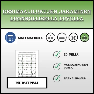 Muistipeli: Desimaalilukujen jakaminen luonnollisella luvulla