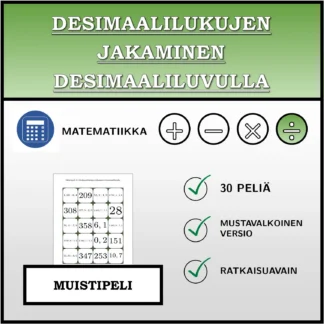 Muistipeli: Desimaalilukujen jakaminen desimaaliluvulla