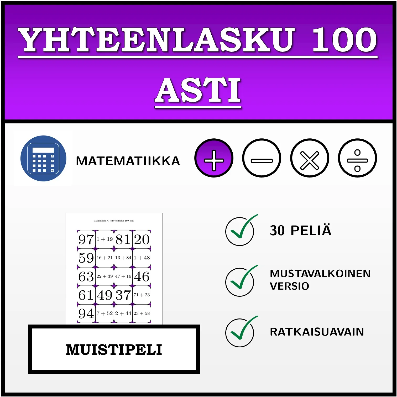 Muistipeli: Yhteenlasku 100 asti