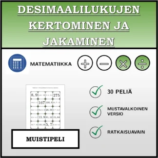 Muistipeli: Desimaalilukujen kertominen ja jakaminen