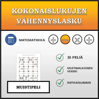 Muistipeli: Kokonaislukujen vähennyslasku