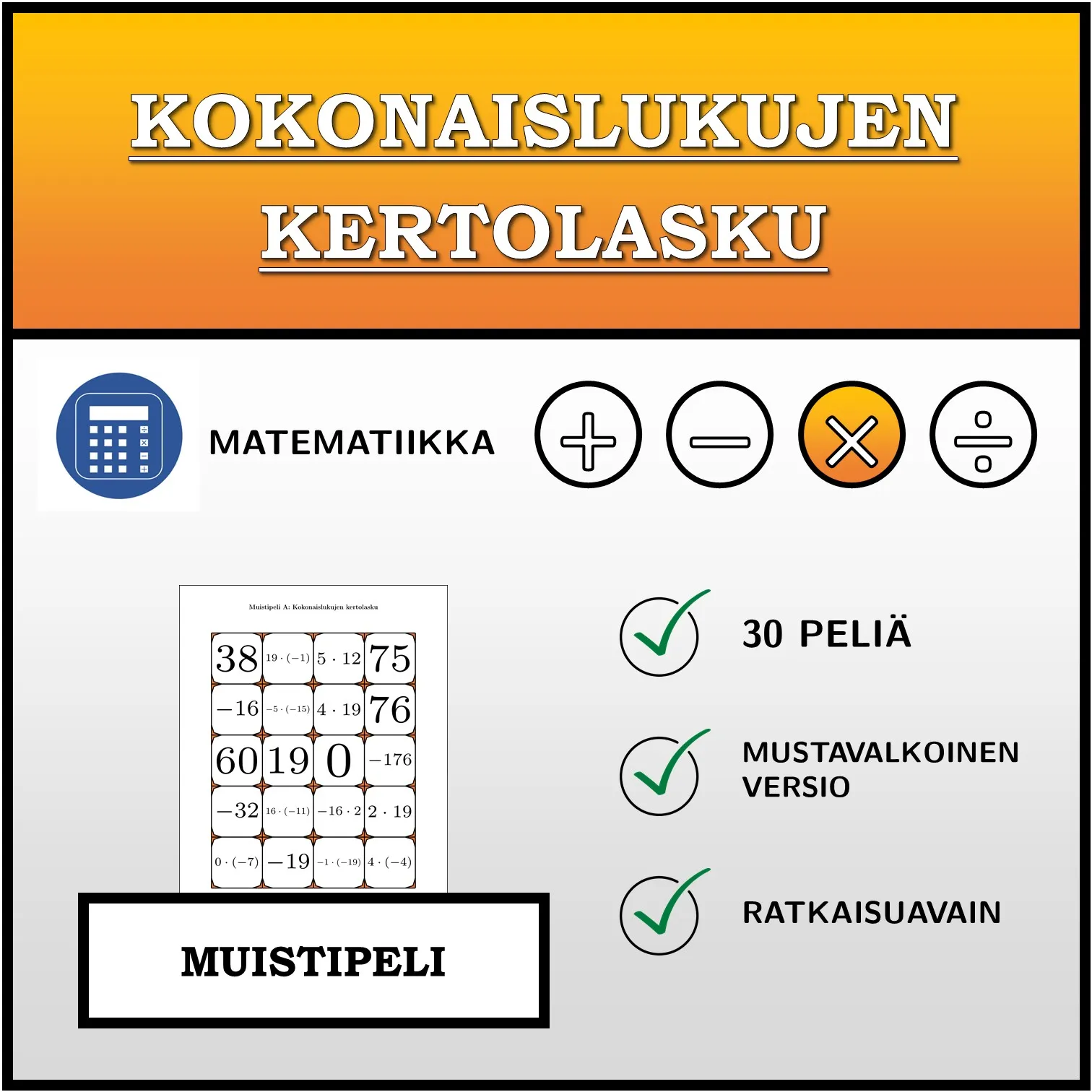 Muistipeli: Kokonaislukujen kertolasku