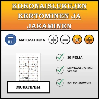 Muistipeli: Kokonaislukujen kertominen ja jakaminen