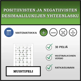 Muistipeli: Positiivisten ja negatiivisten desimaalilukujen yhteenlasku