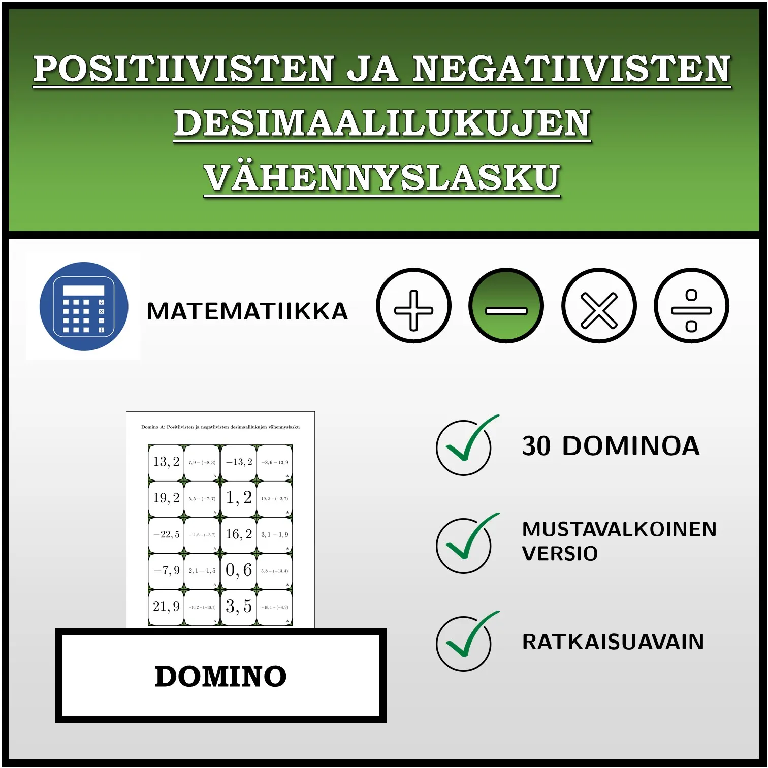 Domino: Positiivisten ja negatiivisten desimaalilukujen vähennyslasku