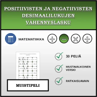 Muistipeli: Positiivisten ja negatiivisten desimaalilukujen vähennyslasku
