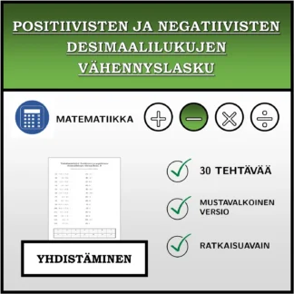 Yhdistämistehtävä: Positiivisten ja negatiivisten desimaalilukujen vähennyslasku