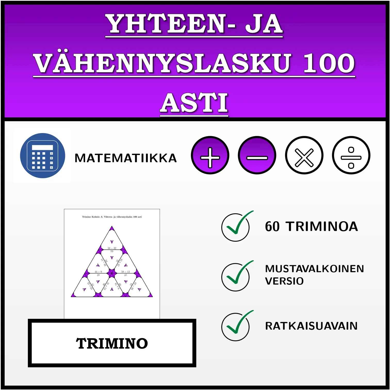 Trimino: Yhteen- ja vähennyslasku 100 asti