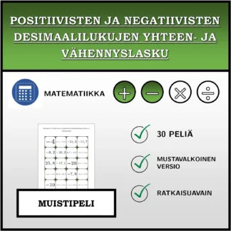 Muistipeli: Positiivisten ja negatiivisten desimaalilukujen yhteen- ja vähennyslasku