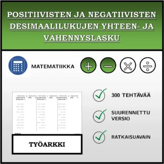 Työarkki: Positiivisten ja negatiivisten desimaalilukujen yhteen- ja vähennyslasku